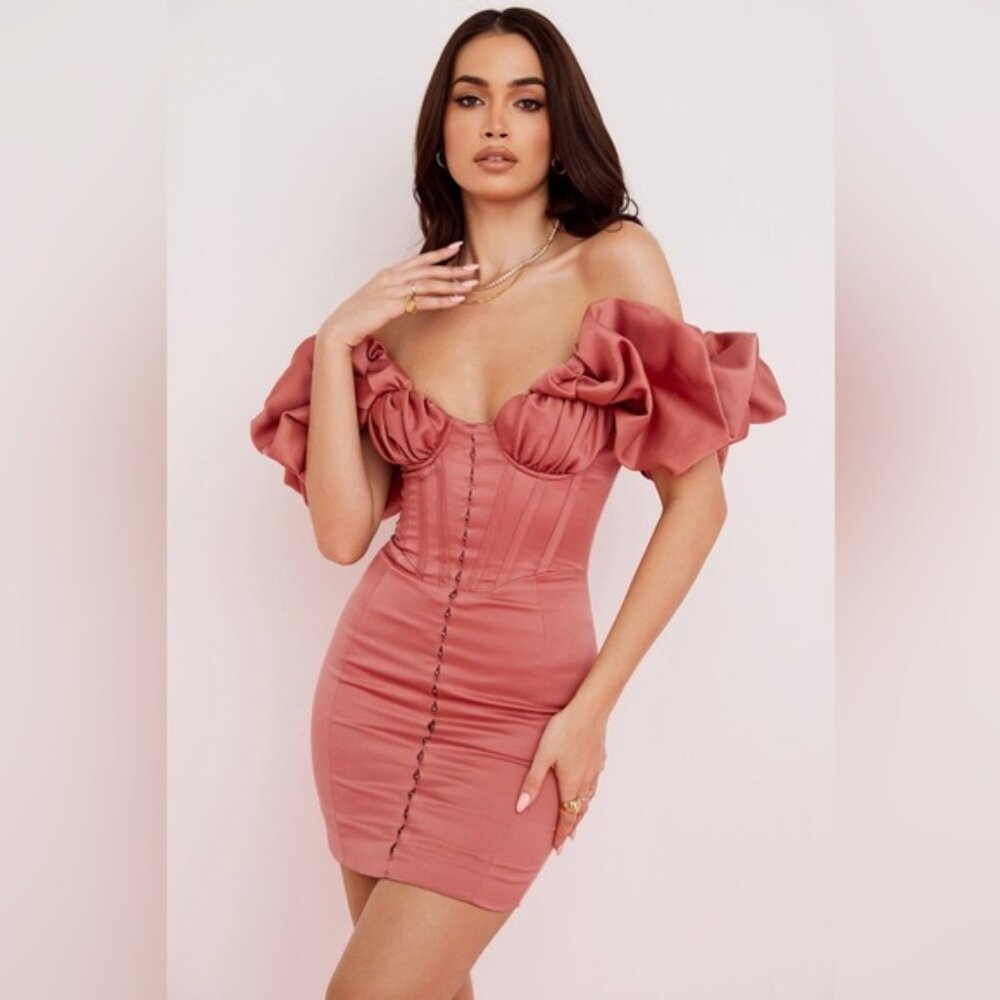 NWT House of CB Annabelle Rose Pink Satin Ruffle Strapless Mini Dress Size M - Picture 5 of 11